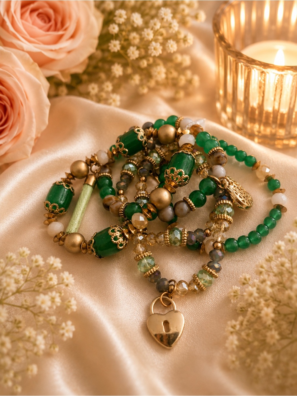 Green and Gold Beaded Heart Locket Bracelet Set